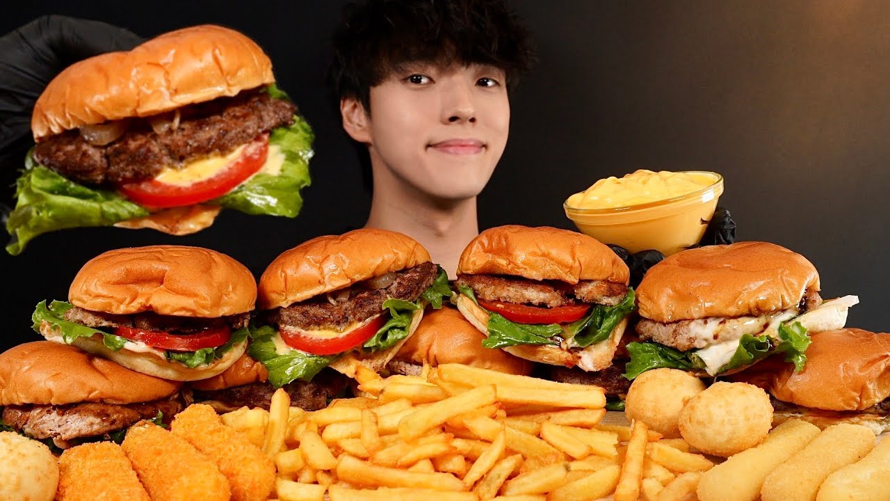 간단하게 햄버거 9개 먹방! 감자튀김 치즈스틱 치즈볼까지 프랭크버거 BURGERS & FRIES MUKBANG ASMR EATING SOUNDS