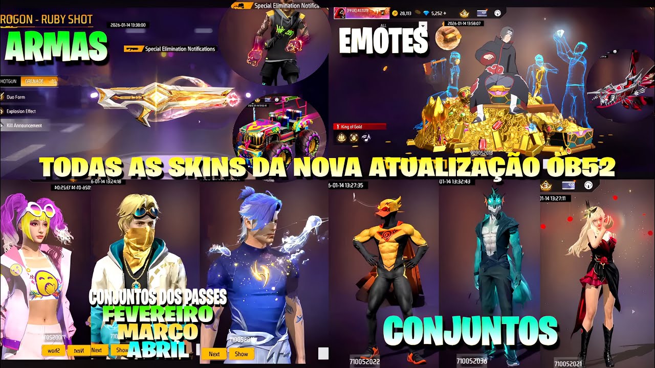TODAS AS SKINS, CONJUNTOS, ANIMAÇÕES, PASSES E EMOTES DA NOVA ATUALIZAÇÃO OB52 FREE FIRE!! 
