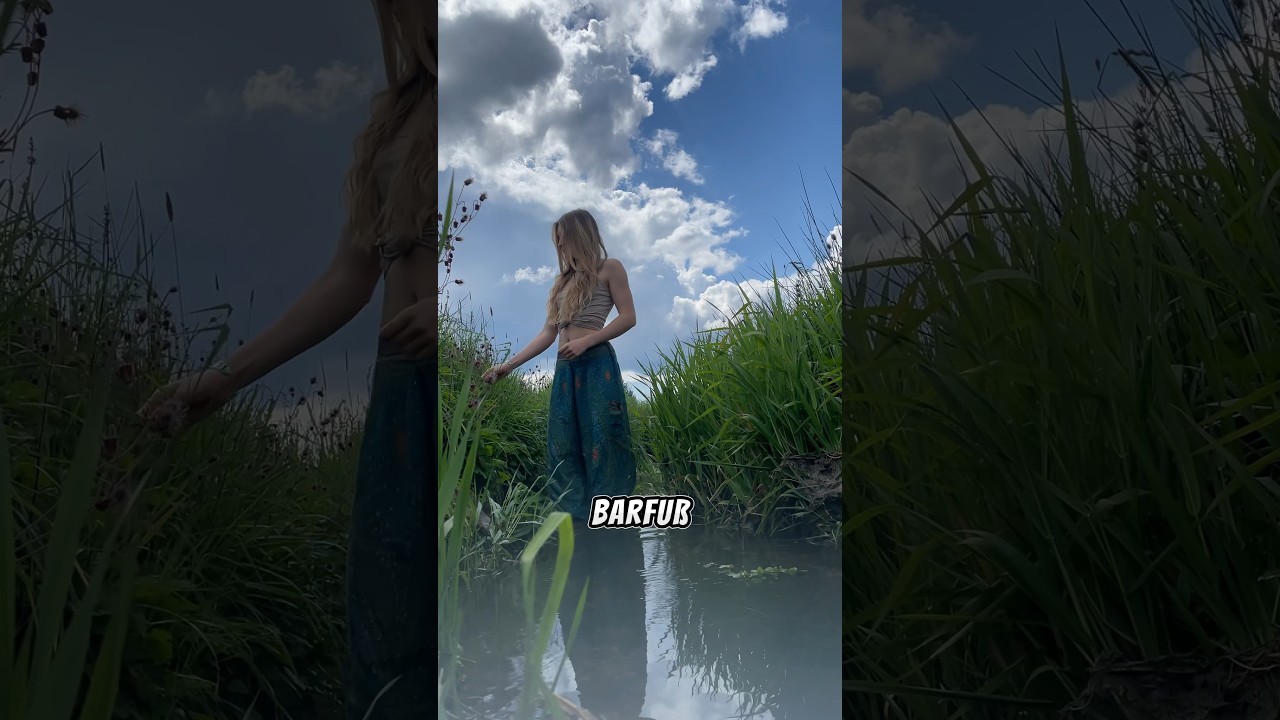 Ich gehe barfuß in der Natur spazieren. 