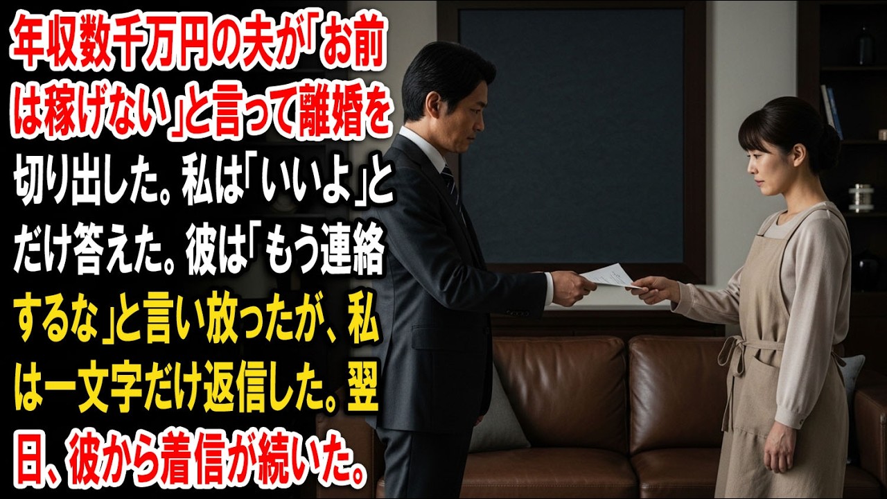 年収数千万円の夫が「お前は稼げない」と言って離婚を切り出した。私は「いいよ」とだけ答えた。彼は「もう連絡するな」と言い放ったが、私は一文字だけ返信した。翌日、彼から着信が続いた。