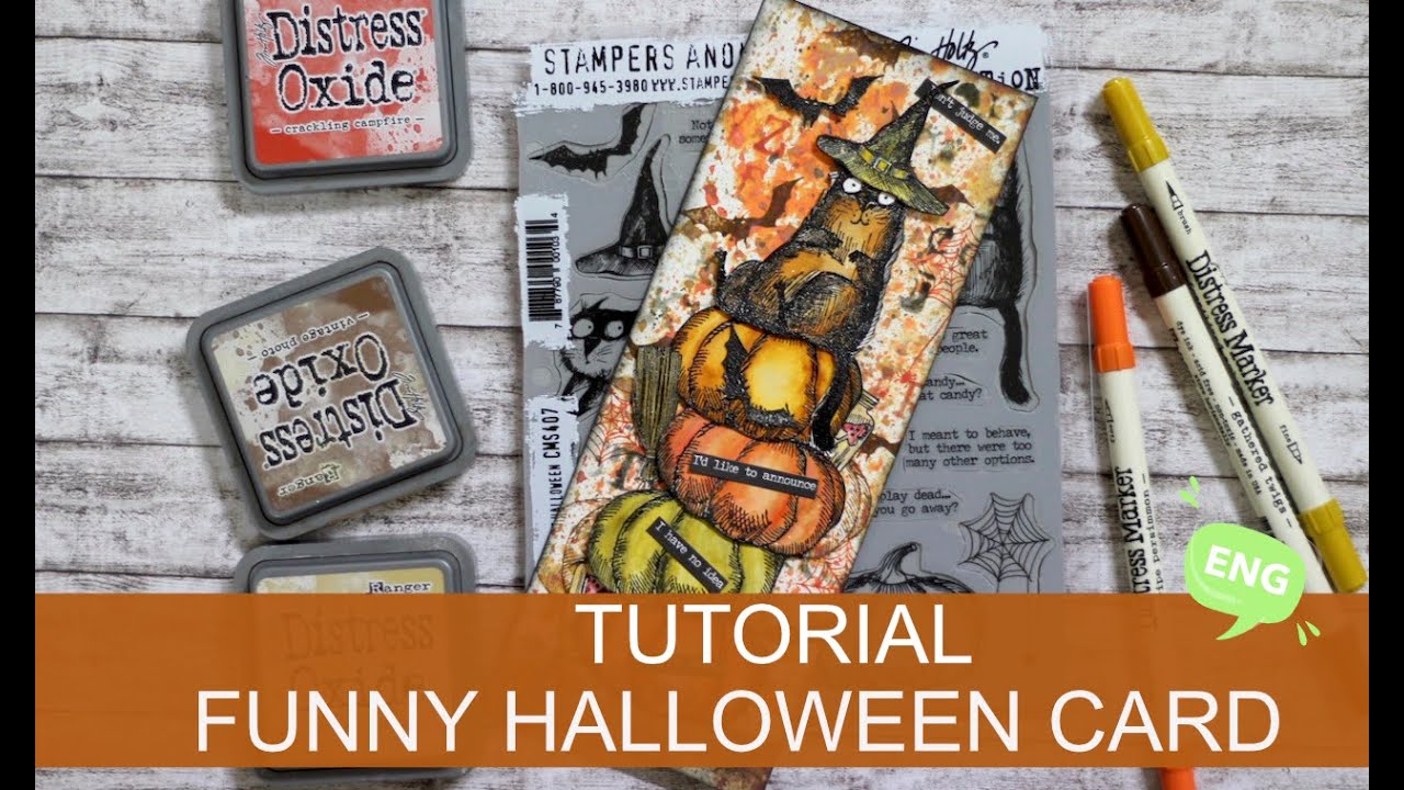 TUTORIAL - funny halloween slimline card - snarky cat halloween stamp set