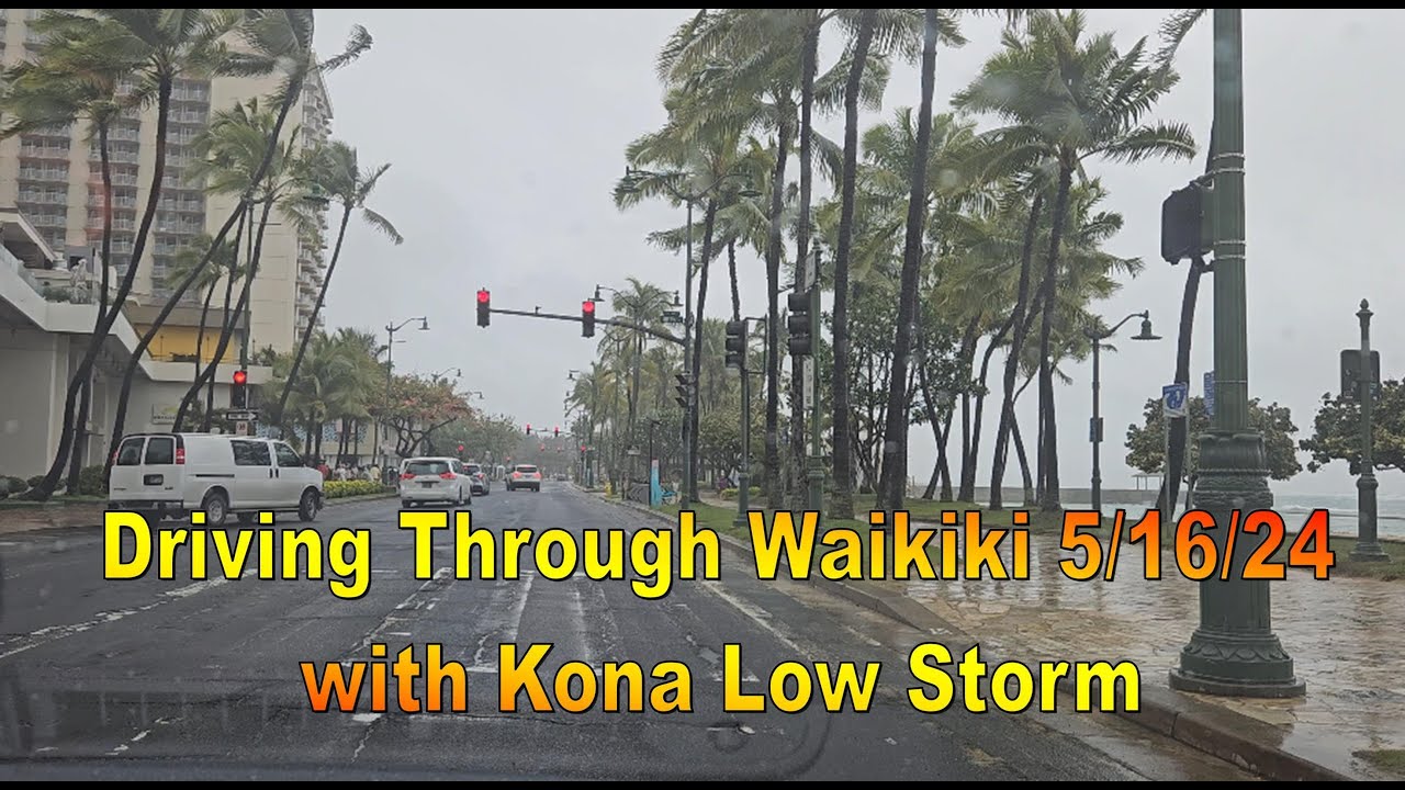 [4K] Waikiki Drive Through via Kalakaua Ave with Kona Low Storm Warning on 5/16/24 in Honolulu, Oahu