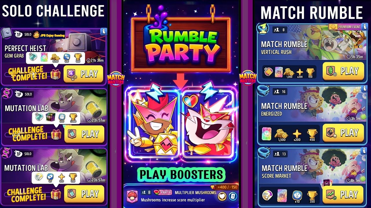 (Party+ 3 Solo+3 Rumble) Mutation Lab/ Gem Grab/ Vertical Rush/ Energized/ Score Market 