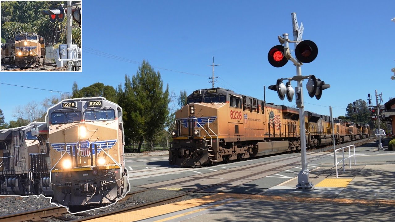 UP 8228 Autorack Train Through Martinez Station & Ferry St X-ing, Martinez CA (Unexpected Catch)