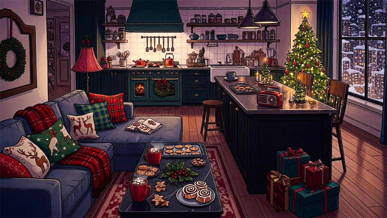 it's snowing and you're listening to vintage music in a livingroom | cozy christmas for unwind