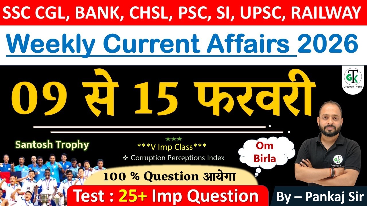 09 - 15 February 2026 Weekly Current Affairs | Most Important Current Affairs 2026 | CrazyGkTrick