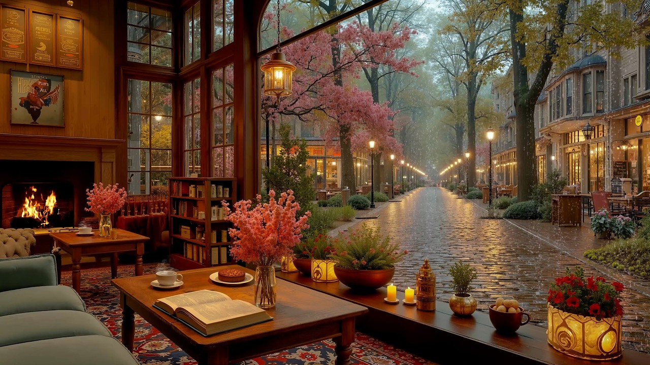 Rainy Window Sanctuary | Soft Jazz & Warm Fireplace for Study and Work