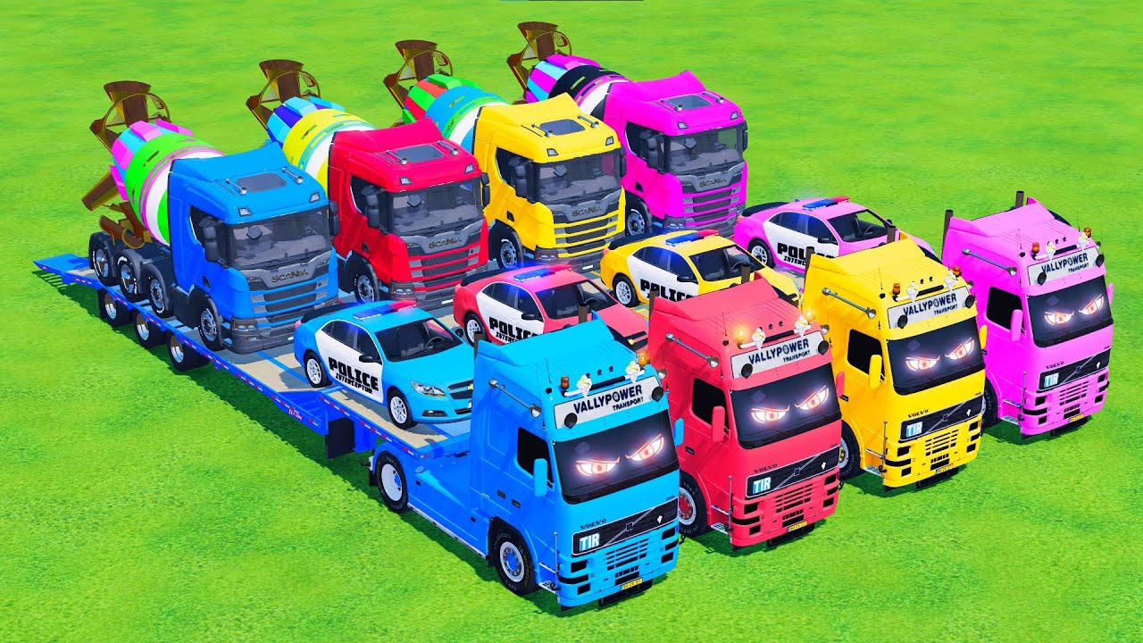 TRANSPORTING with COLORS - 4 CHEVROLET and 4 MIXER TRUCK RGB with TRUCK FLATBED- FS 22 - Galaxy Farm