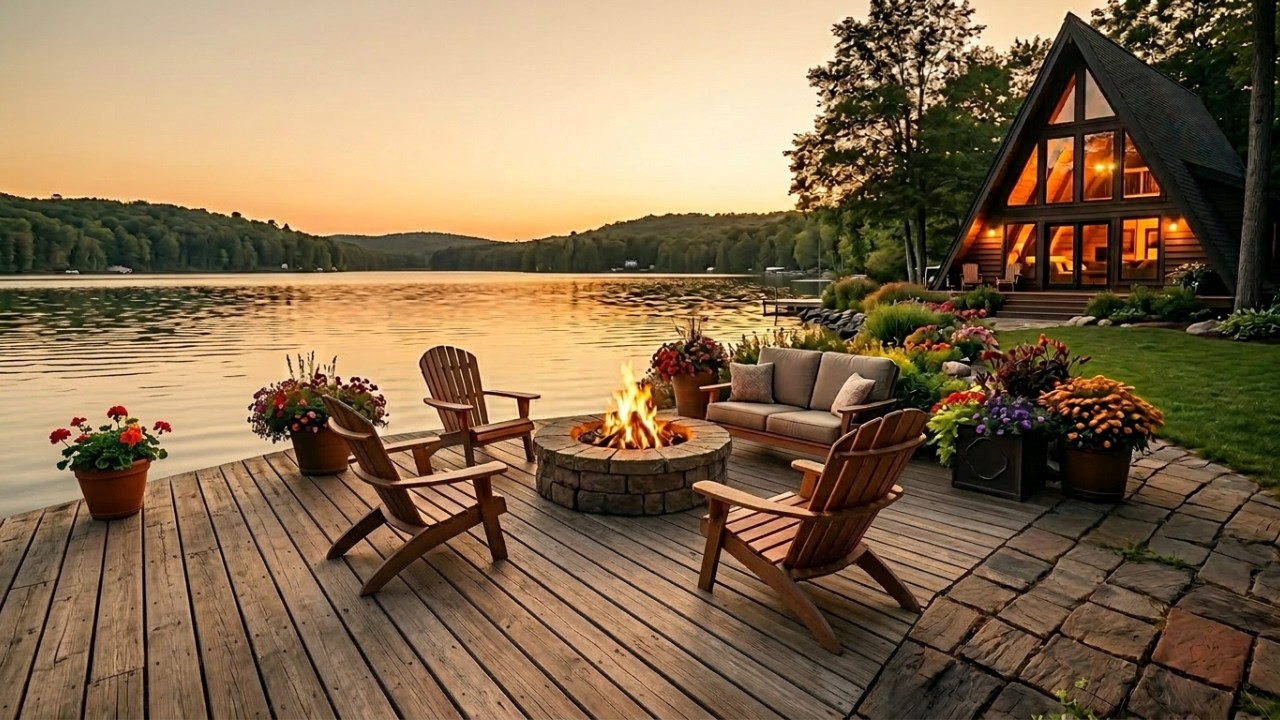 Cozy Lakeside Ambience 🌅 Crackling Fire, Calm Lake & Nature Sounds