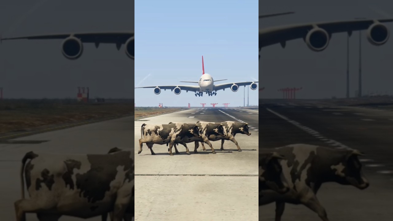 Near Collision! Three Cows Run Onto Runway as Airbus Approaches - GTA V