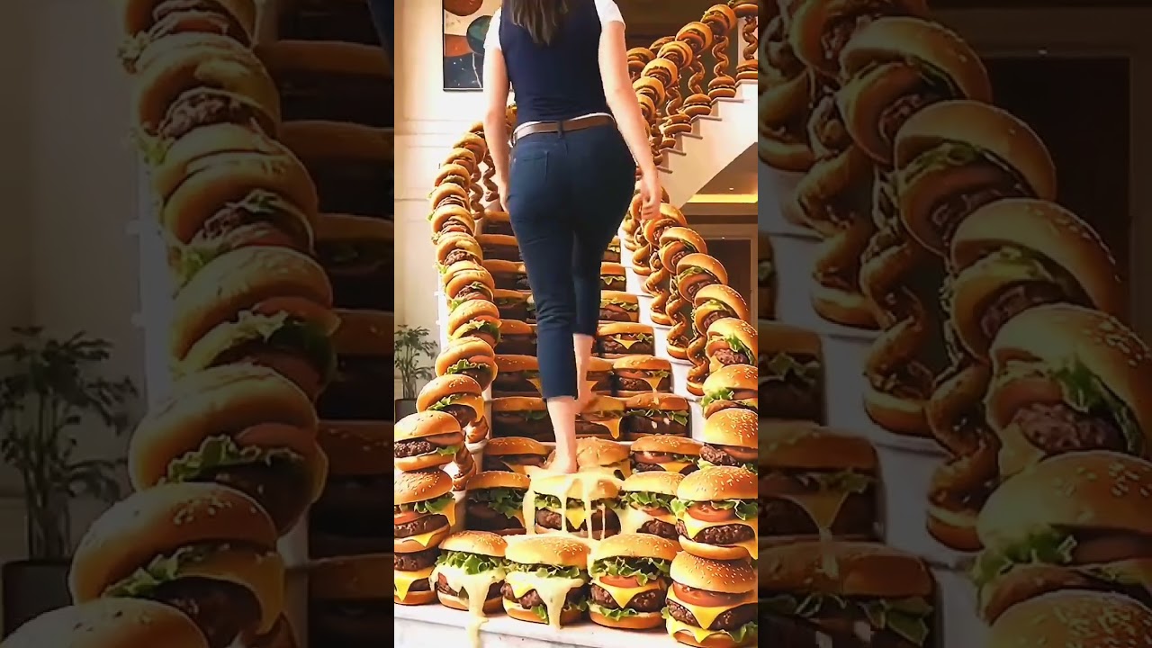 Walking on Burger 🍔 vs Grape 🍇  Stairs | Crazy AI Illusion | 