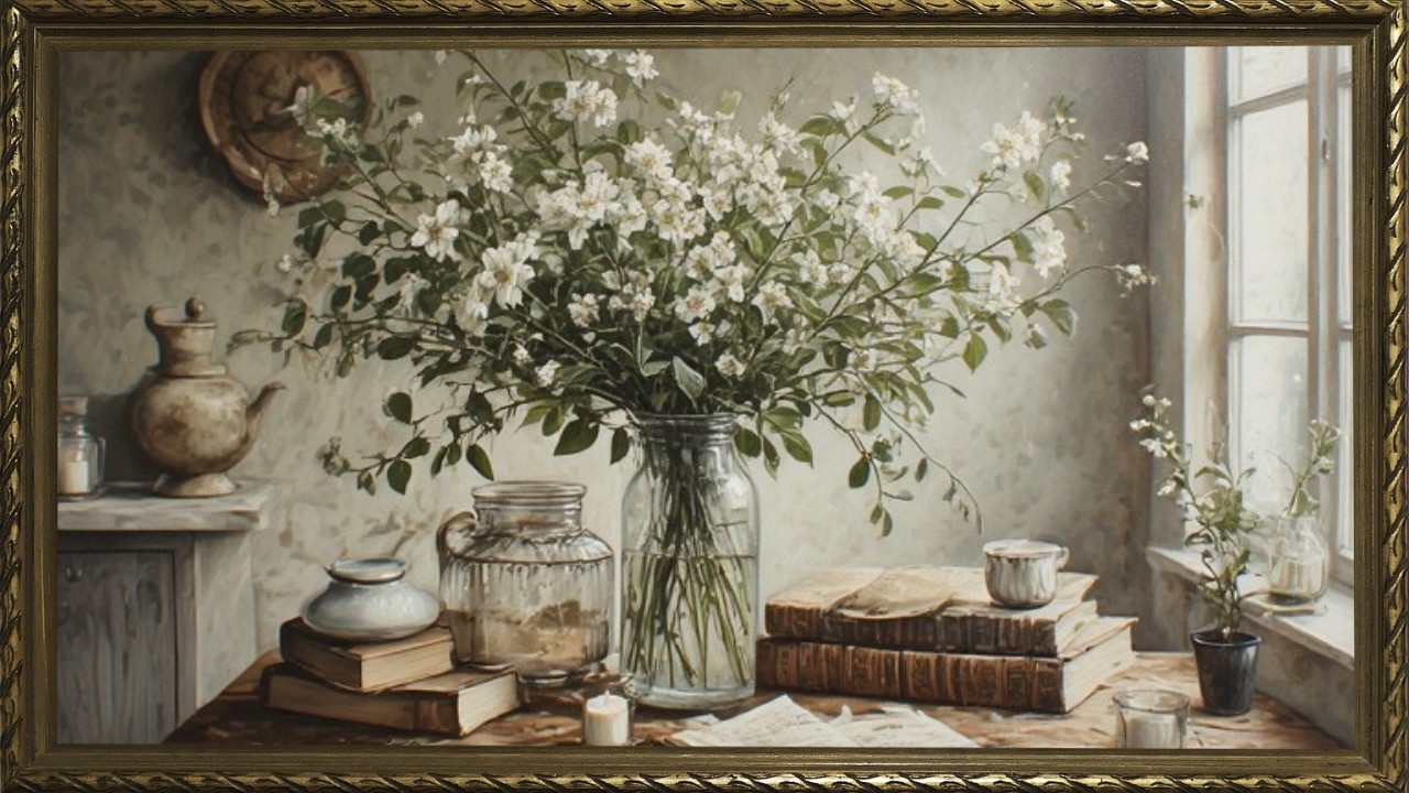 Arte para TV | Mesa rústica con jarrón de flores y libros 📚🌸 | Cuadro enmarcado (Loop)