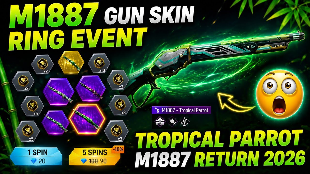 Tropical Parrot M1887 Return 2026 😱 | M1887 Gun Skin Ring Event | Free Fire New Event | Ff New Event