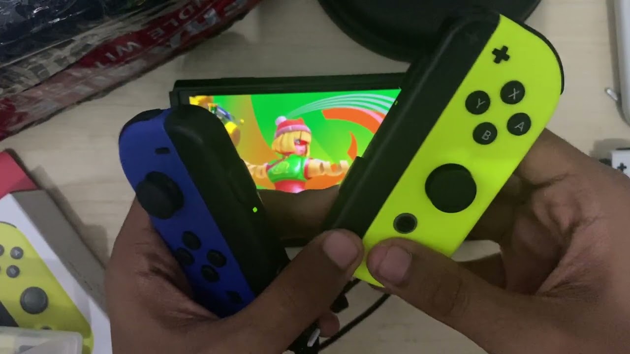 First Time Unboxing and Trying Original Joycon (Neon Blue & Neon Yellow) on Nintendo Switch OLED