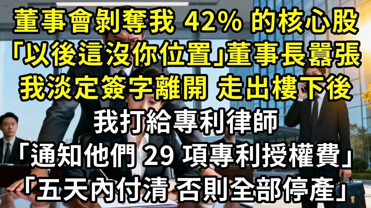 董事會剝奪我 42% 的核心股，｢以後這裡沒你位置｣，董事長滿面囂張，我淡定簽字離開。走出樓下後，我打給專利律師：「通知他們，29 項專利授權費，五天內付清，否則全部停產」#高田小說社