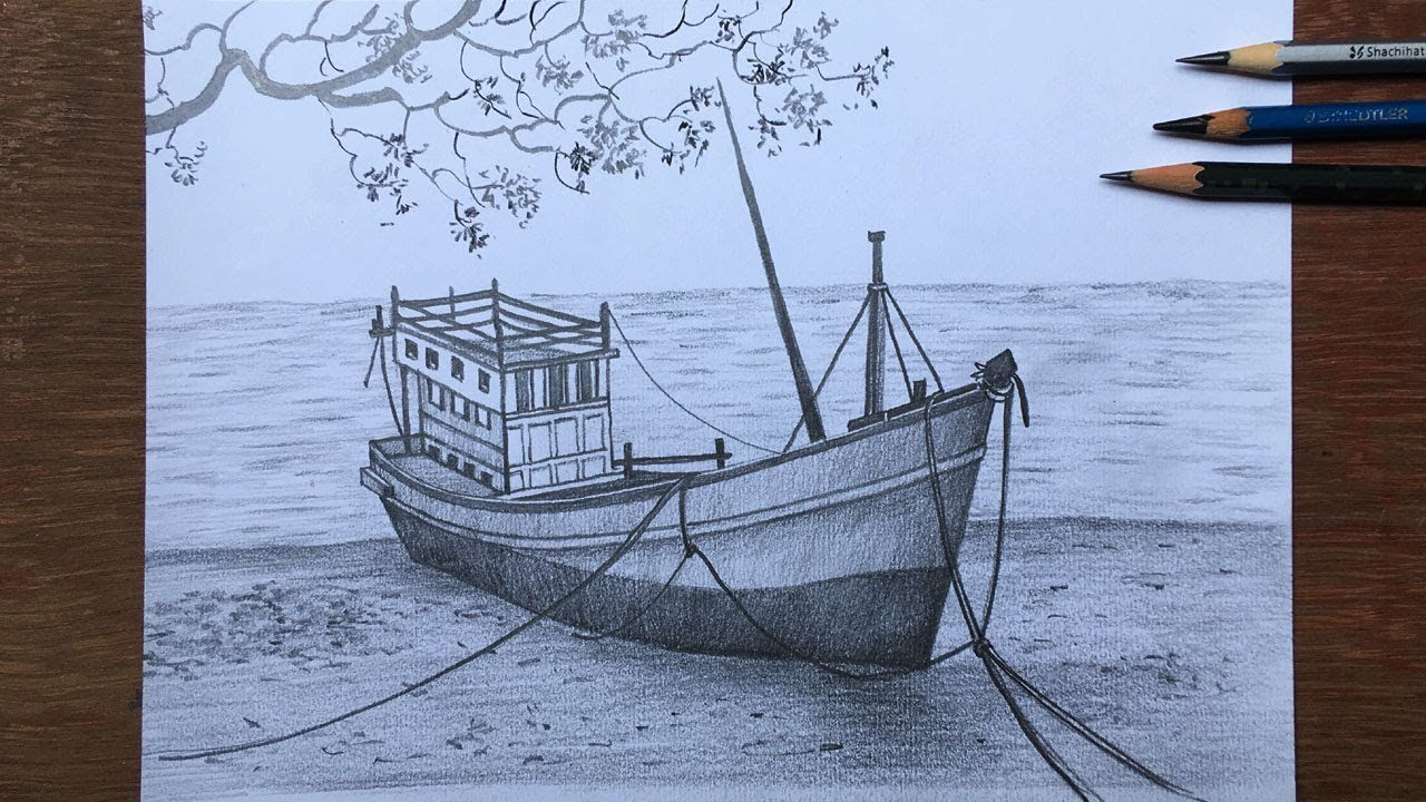 Old boat drawing in pencil | boat pencil sketch step by step | pencil art | scenery drawing