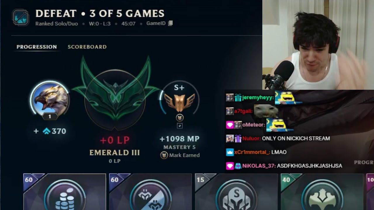 nickich goes fresh euw account then goes 0w3l on his first placement games in emerald elo
