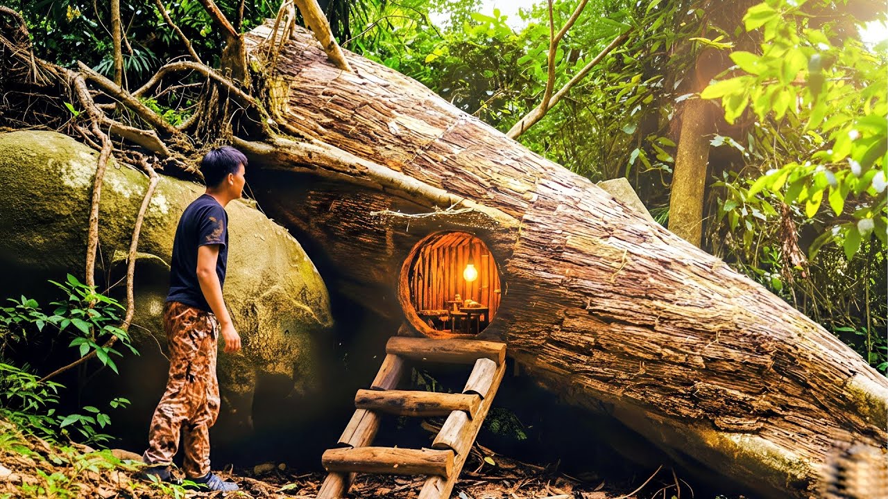 I Built a Secret Modern House Inside a Giant Fallen Tree!