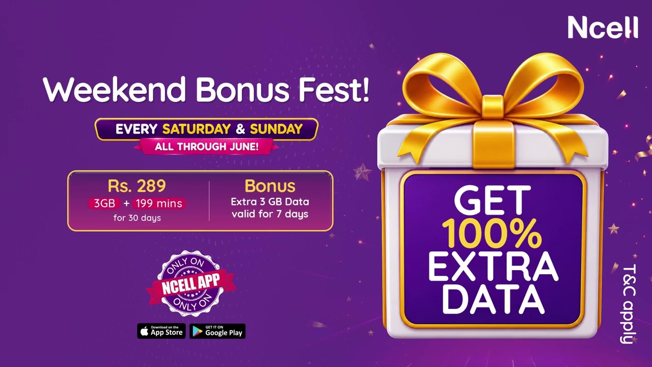 Enjoy an exclusive weekend bonus every Saturday and Sunday throughout June, only on Ncell App!