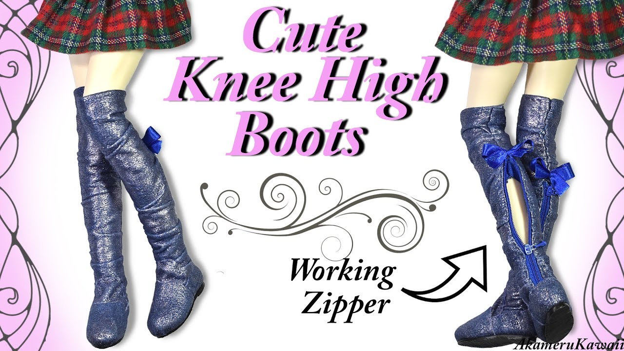 Cute Knee High Boots w. working zipper - BJD / Barbie Doll Tutorial