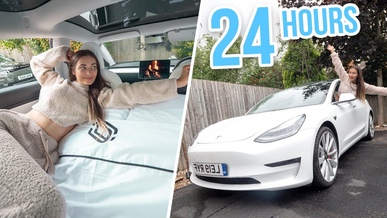 24 HOURS LIVING IN MY CAR! TESLA MODEL 3!