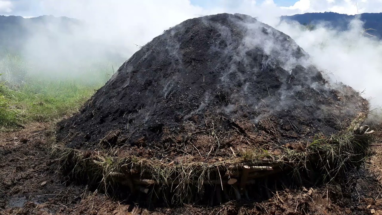 Como se hace el carb&oacute;n vegetal, con pilas de madera.