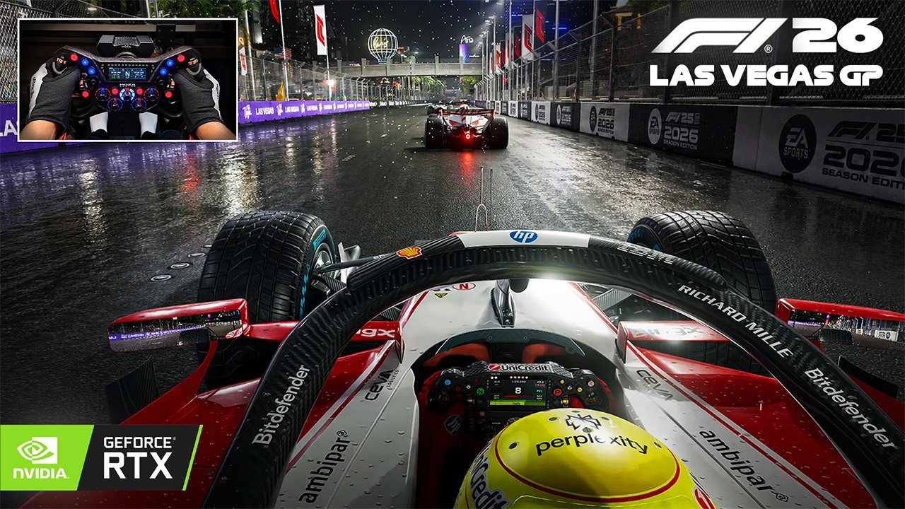 F1 26 DLC Path Tracing 4K - Lewis Hamilton's Ferrari SF26 Las Vegas GP 100% Steering Wheel Gameplay
