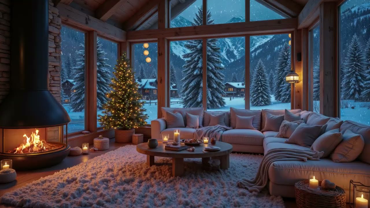 Snowfall & Piano Music by Window❄️Cozy Living Room, Fireplace Glow & Piano Music for Warm Winter Day