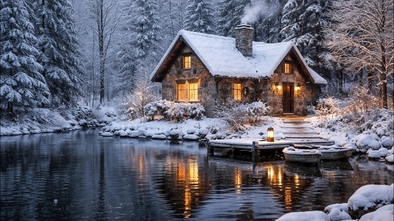 ❄️ Snowy Cabin Night 4K | Cozy Fireplace & Winter Lake Ambience | 1 Hour Relaxing Sounds