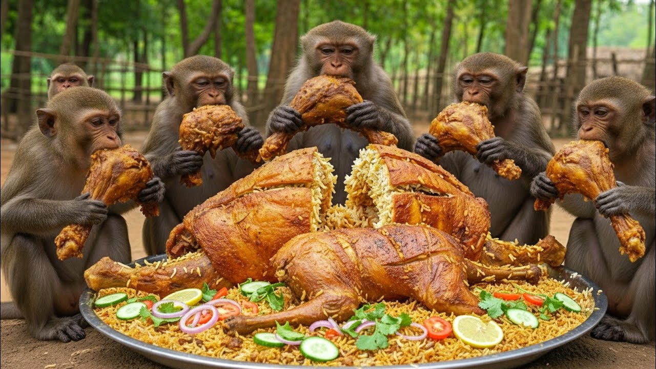 Giant Mutton Biryani in the Jungle! 🐒🍛 | 10 Monkeys Cook Full Goat Biryani in Huge Pot (4K)