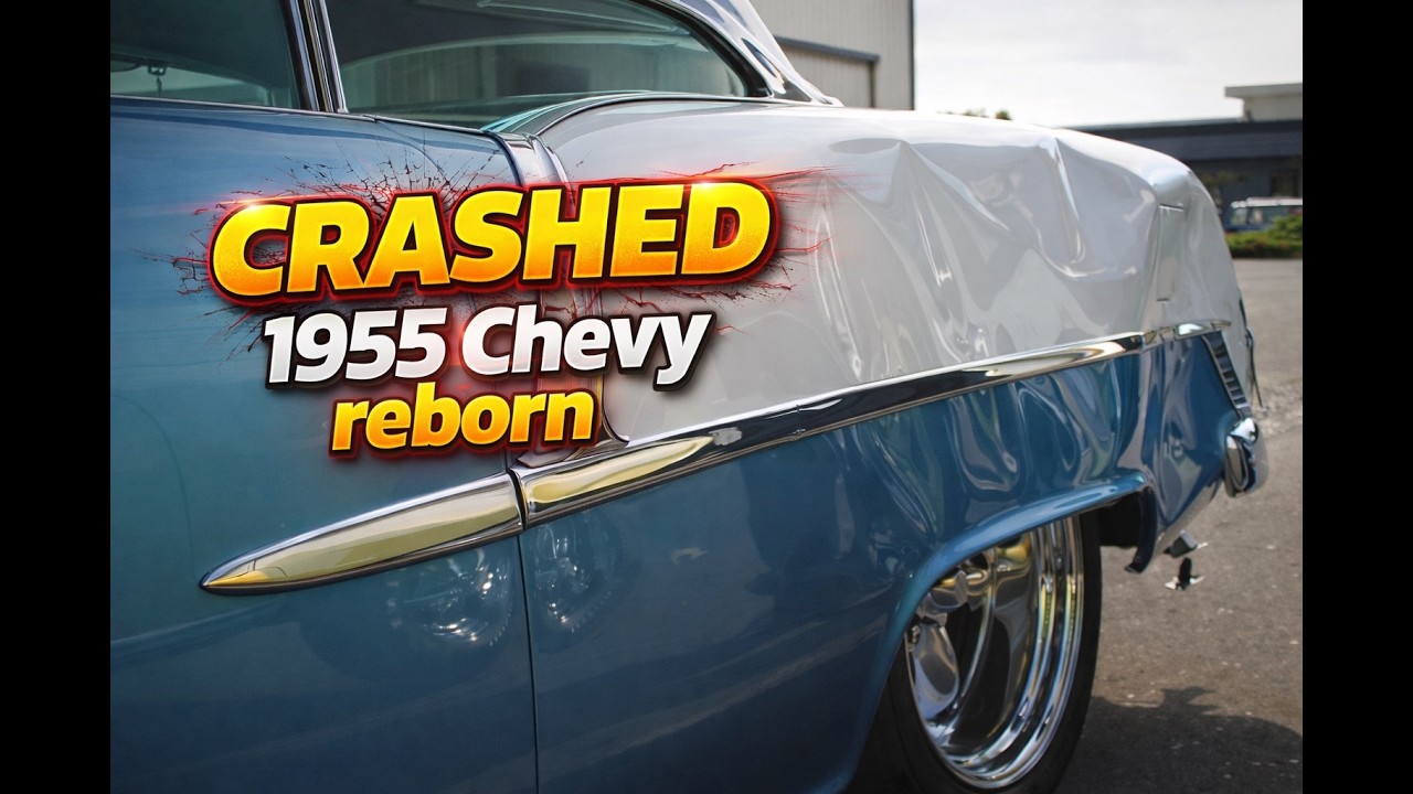 Crashed 1955 Chevy saved by MetalWorks Classic Auto Restoration. Quarter panel replacement, how to.