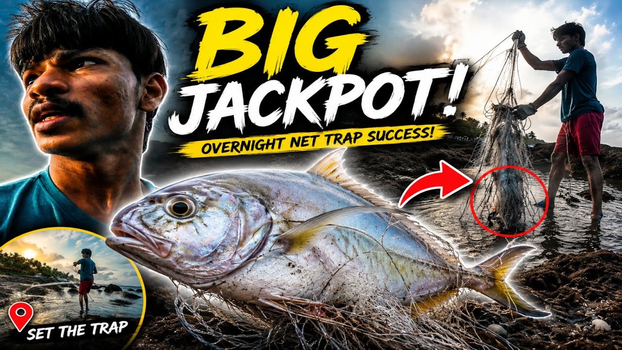 Goa Net Fishing Adventure in Sea Pond | Overnight Net Trap Caught a Huge Jackfish 😍🌴