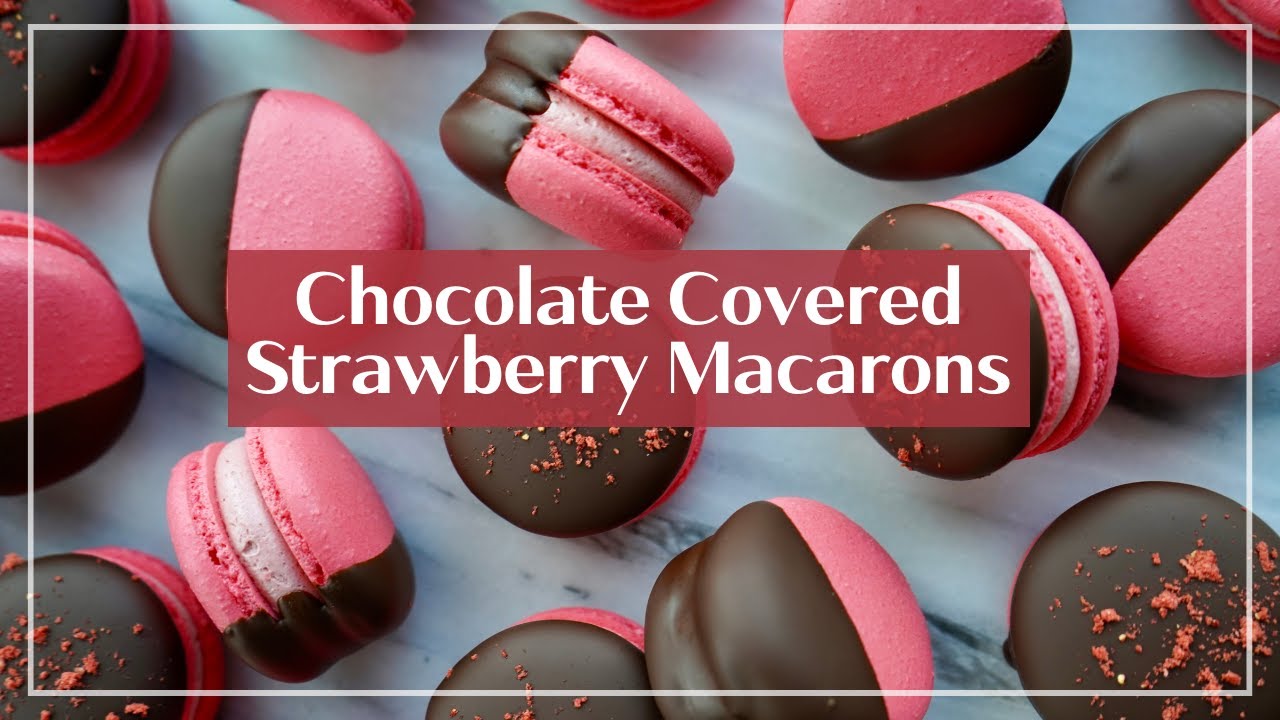 Chocolate Covered Strawberry Macarons | Strawberry Buttercream Filled Macarons Dipped in Chocolate!