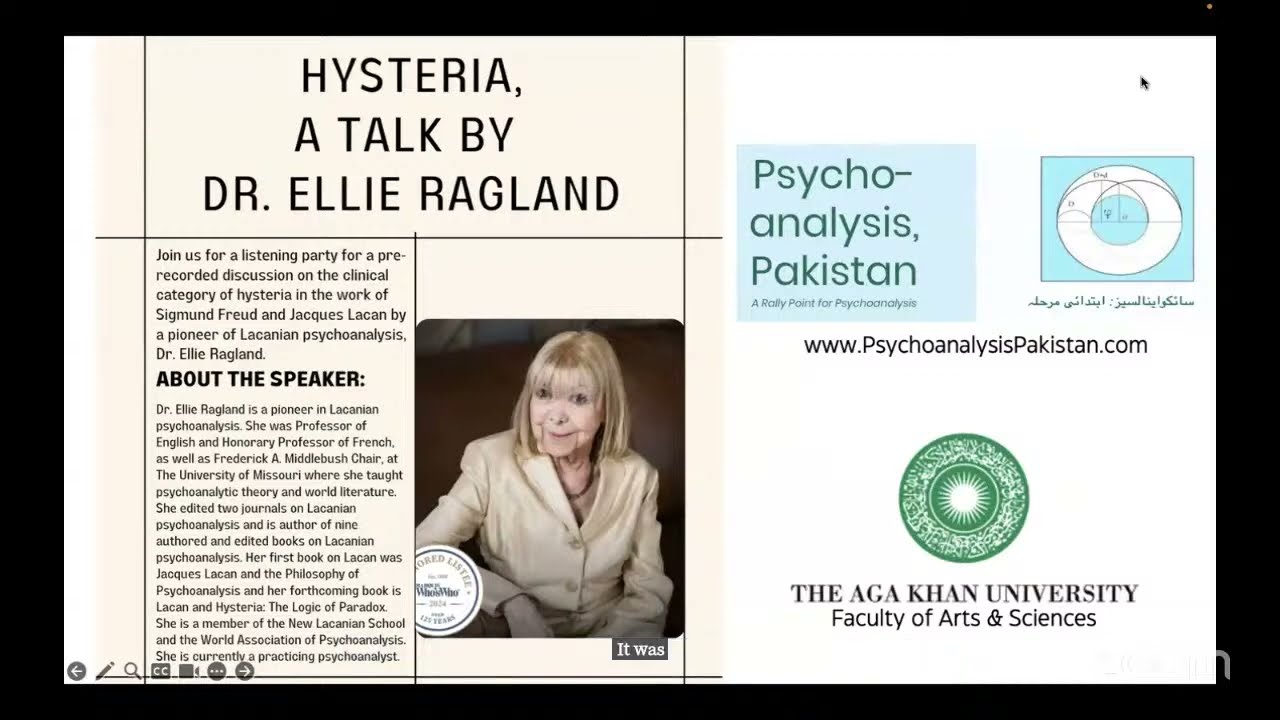 Ellie Ragland  - Hysteria Lecture - Psychoanalysis Pakistan
