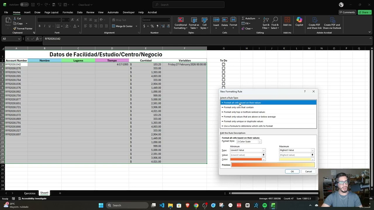 Clase Excel 5: Conditional Formatting; Table, Insert, Delete, Filter, Sort, Find, Replace.