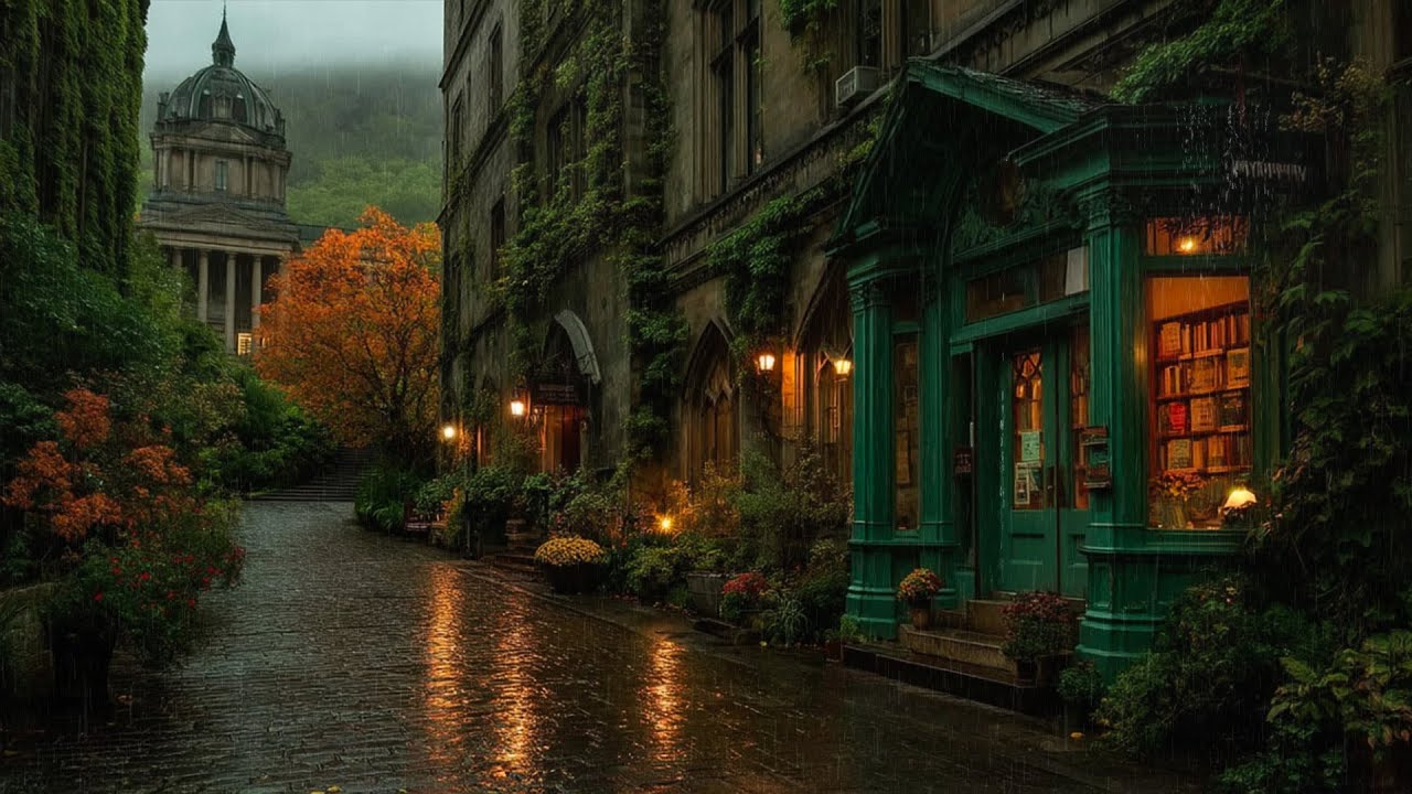 Rainy University Bookshop Street | Dark Academia Study Ambience (3 Hours)