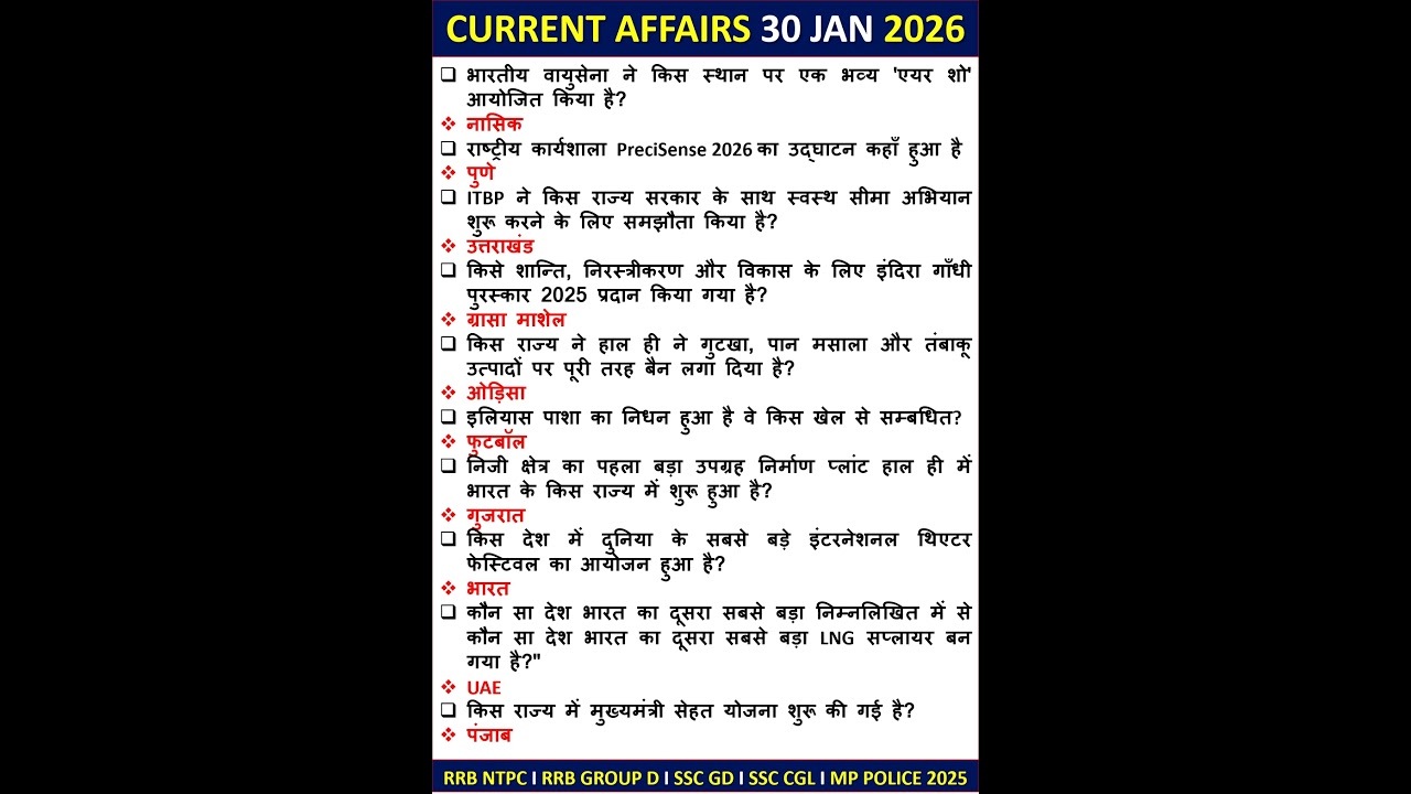 30 JANUARY CURRENT AFFAIRS TODAY CURRENT AFFAIRS 2025 NTPC CGL SSC GK 