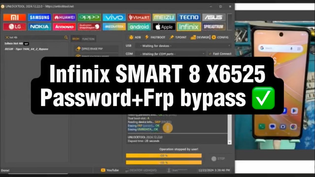 Infinix SMART 8 X6525 Password + Frp bypass with UNLOCKTOOL