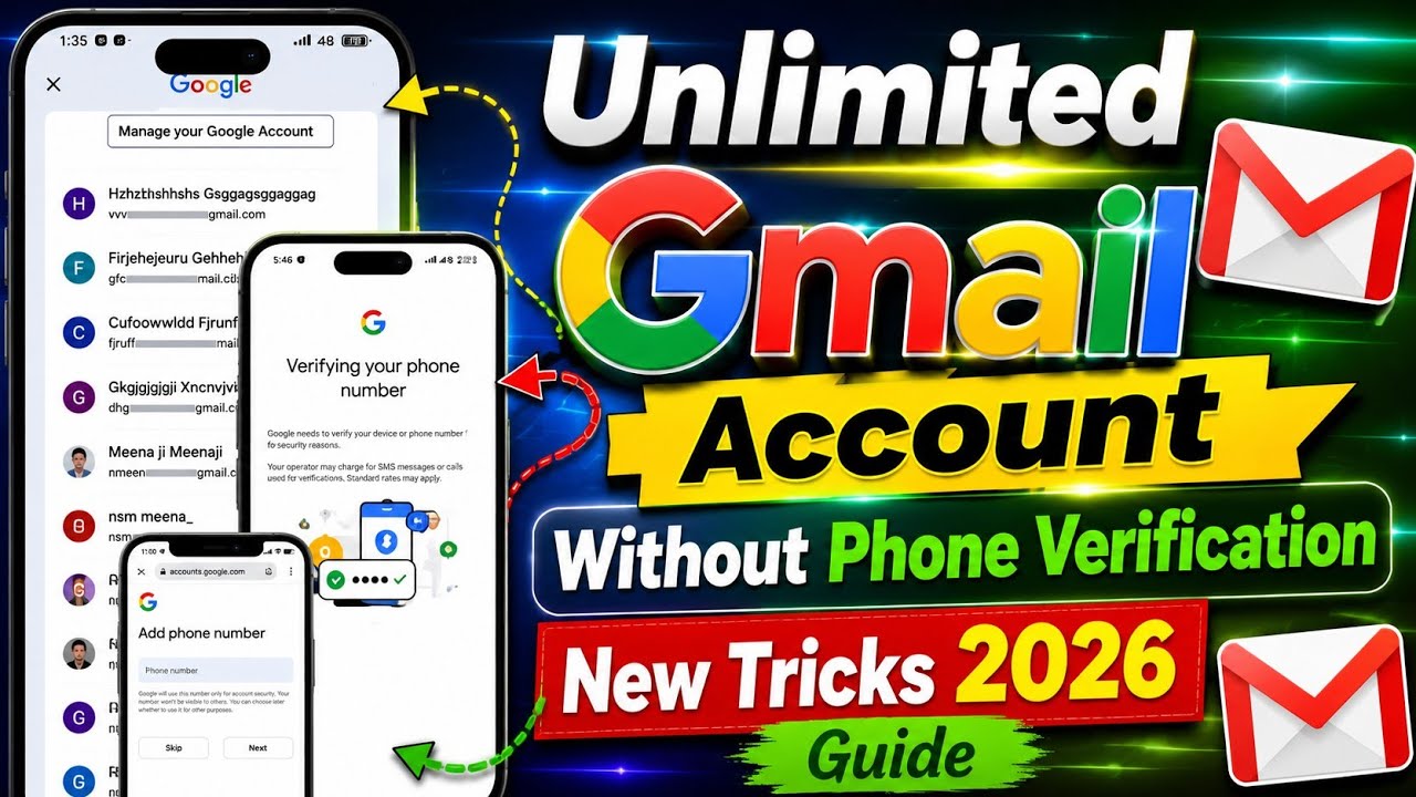 Unlimited Gmail Account Without Phone Verification (2026) | Create Unlimited Gmail Accounts Guide