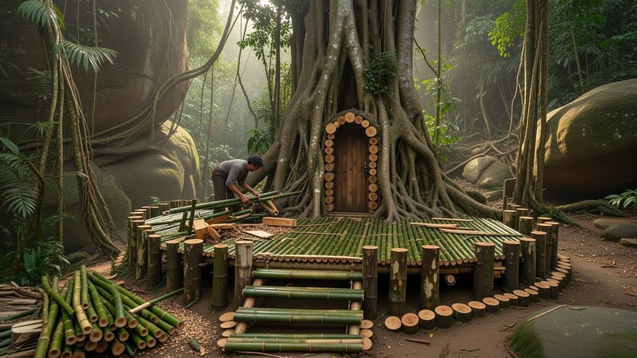 Built a Secret Tree House Inside Giant Roots | Living Inside a Tree Root | Secret Jungle House Built