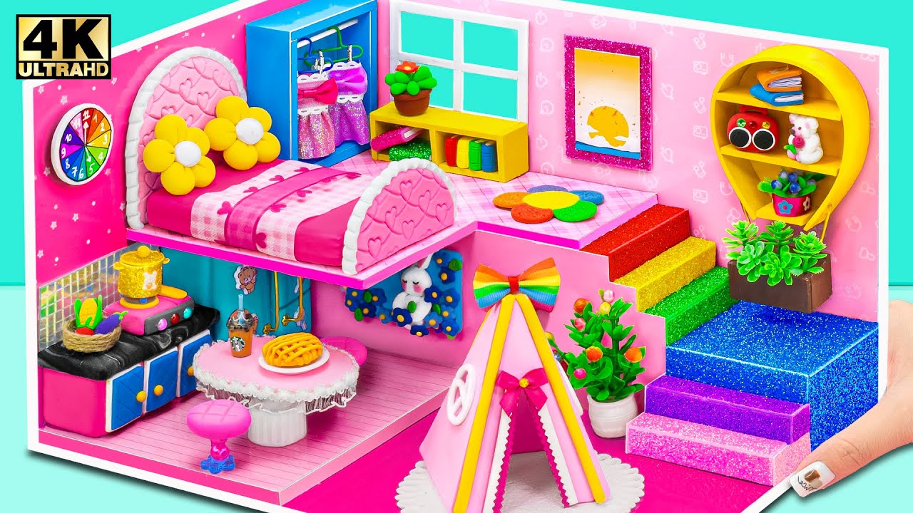 Build 2 Storey Pink House with CUTEST Tent from Polymer Clay ❤️ DIY Miniature House