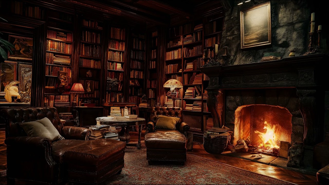 Cozy Old Library Fireplace Ambience with Soft Crackling Fire Sounds for Relaxation, Study, and Sleep