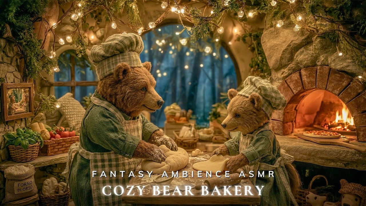 Cozy Bear Bakery 🍞🔥 Soft Piano & Forest Night Ambience for Sleep and Relaxation