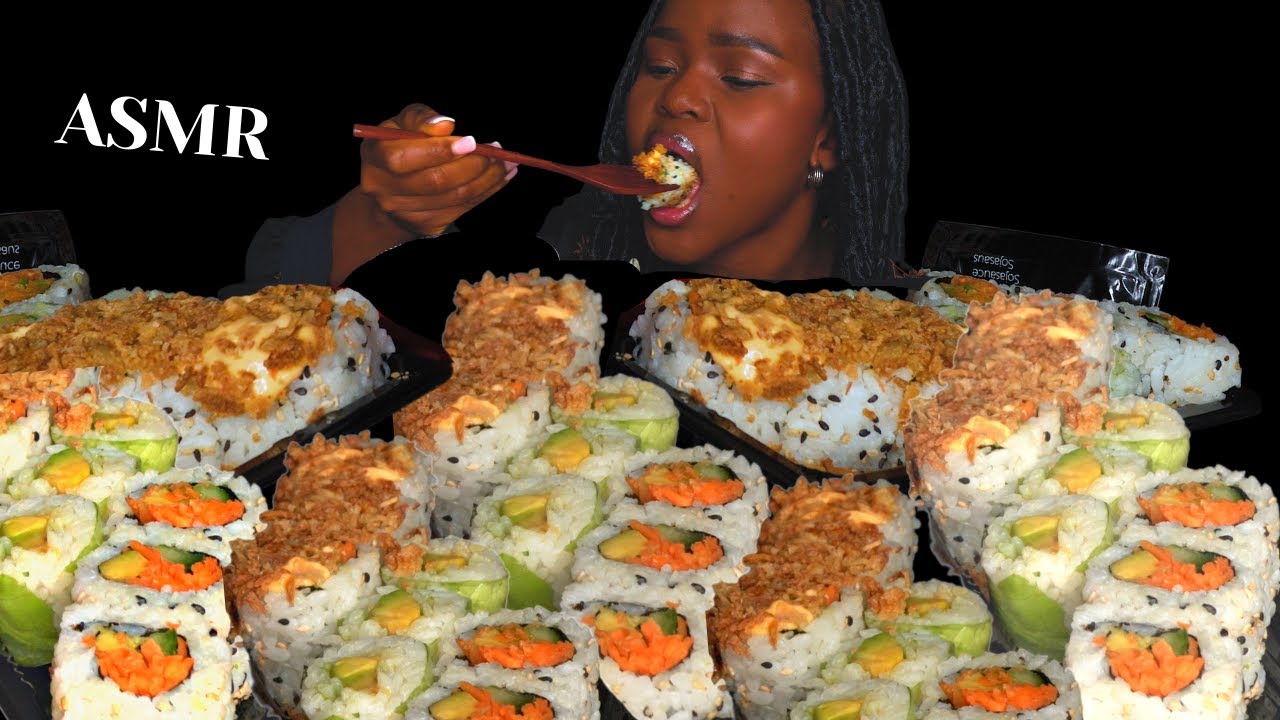 ASMR SALMON SUSHI MUKBANG (Crunchy veggie and tuna roll) my first time |Eating Sounds| Vikky ASMR