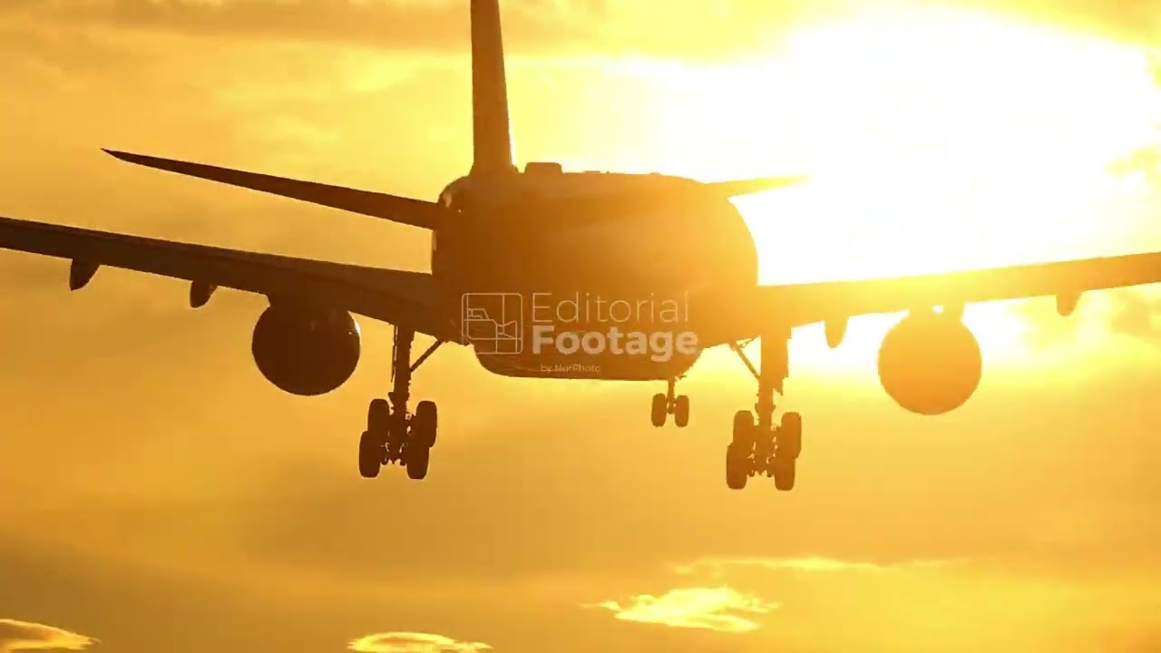 A Turkish Airlines Airbus A330 lands at Barcelona Airport at sunset