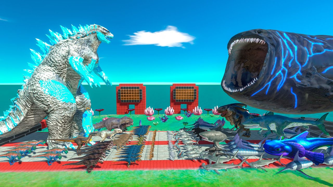 Dinosaurs revolt battle with GODZILLA 2014 Ice Frostbite + Giganotosaurus VS Team BLOOP + MEGALODON