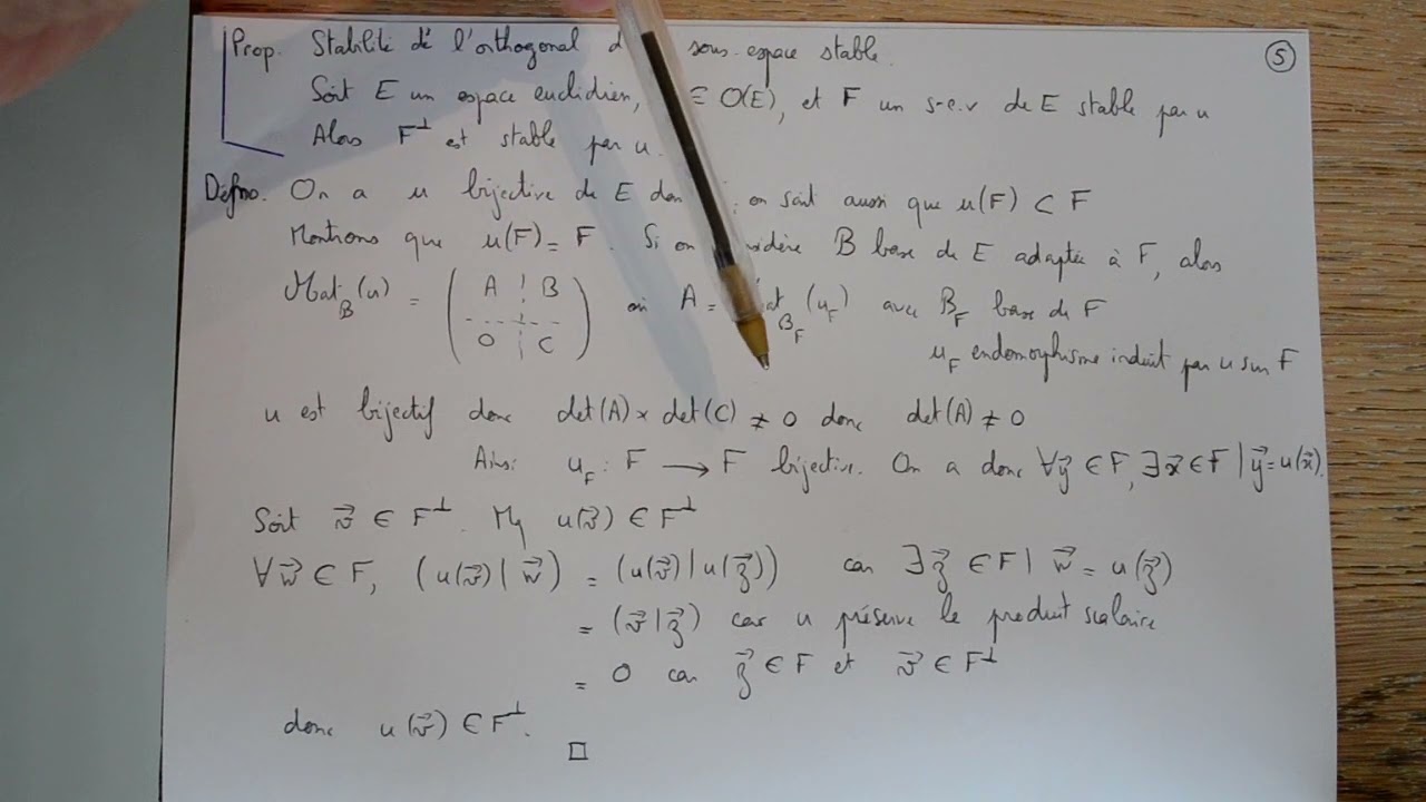 6 stabilité de l'orthogonal d un sous espace stable par une isométrie