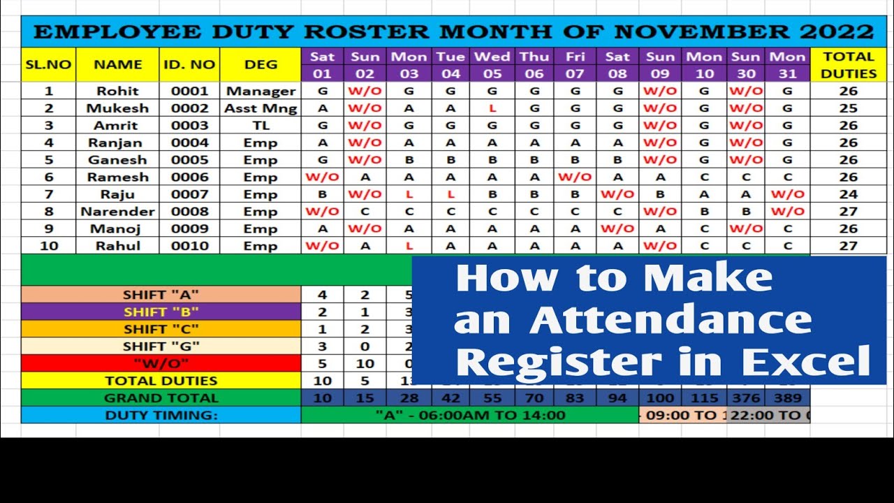 🔥🔥 How to Make a Automated Attendance Register | एक्सेल में ड्यूटी रोस्टर कैसे बनाएं |