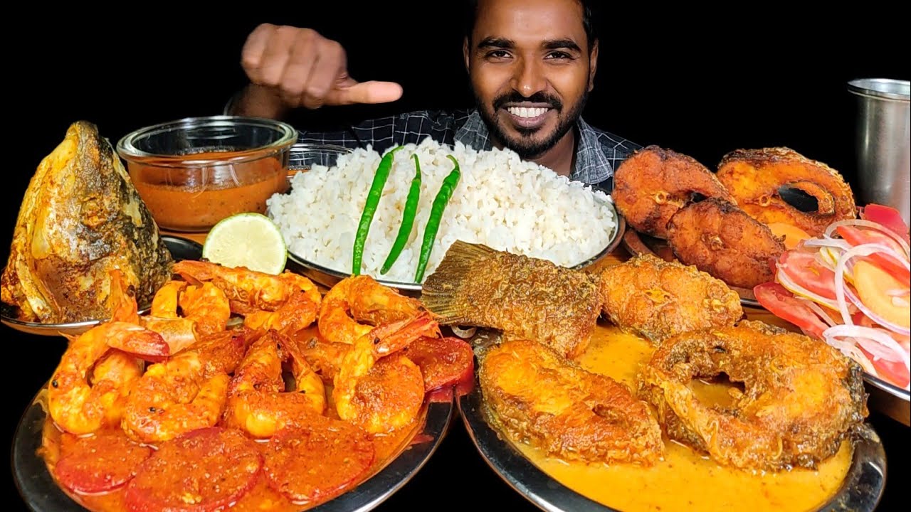 Eating Spicy Prawns Curry with Rohu Fish Fry | Bihari Fish Curry, Fish Head Curry & Salad Mukbang