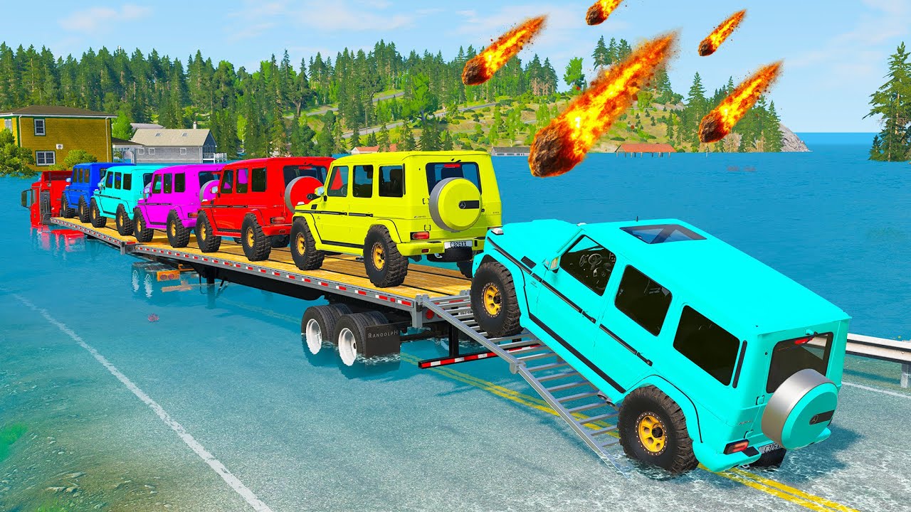 Triple Flatbed Trailer McQueen Transportation with Truck - Speedbumps vs Cars vs Train - BeamNG # 4
